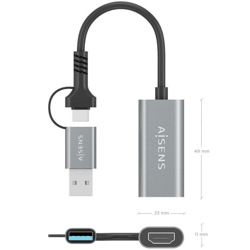Conversor HDMI Aisens A109-0913
USB + USB Tipo-C 3.1 Macho - HDMI Macho
15cm
Gris