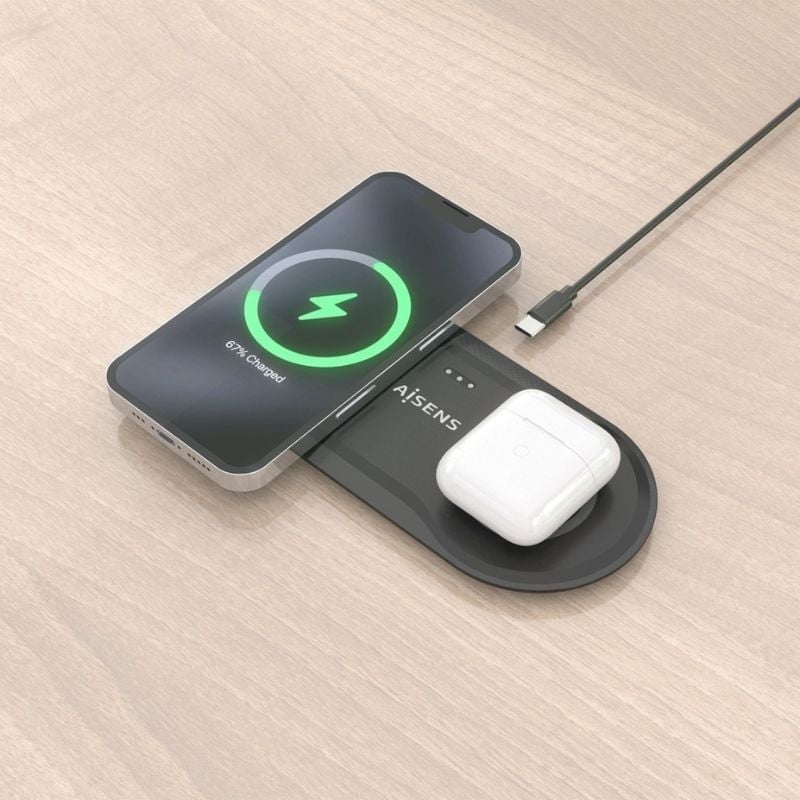 Aisens Cargador Inalámbrico USBC 15W 2 en 1 Negro