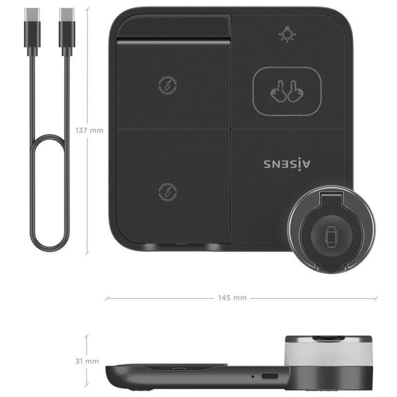 Aisens Cargador Inalámbrico USBC 15W 4 en 1 compac