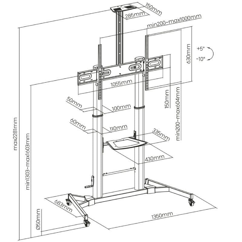 Soporte de Suelo Inclinable con Ruedas y Manivela Aisens FT100TE-171 para TV 60-100"
hasta 100kg