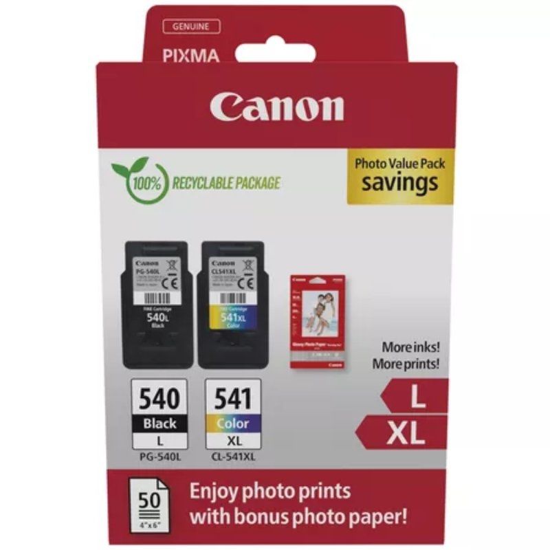 Cartucho de Tinta Original Canon PG-540L + CL-541 XL Multipack Alta Capacidad
Negro
Tricolor + Papel Fotográfico