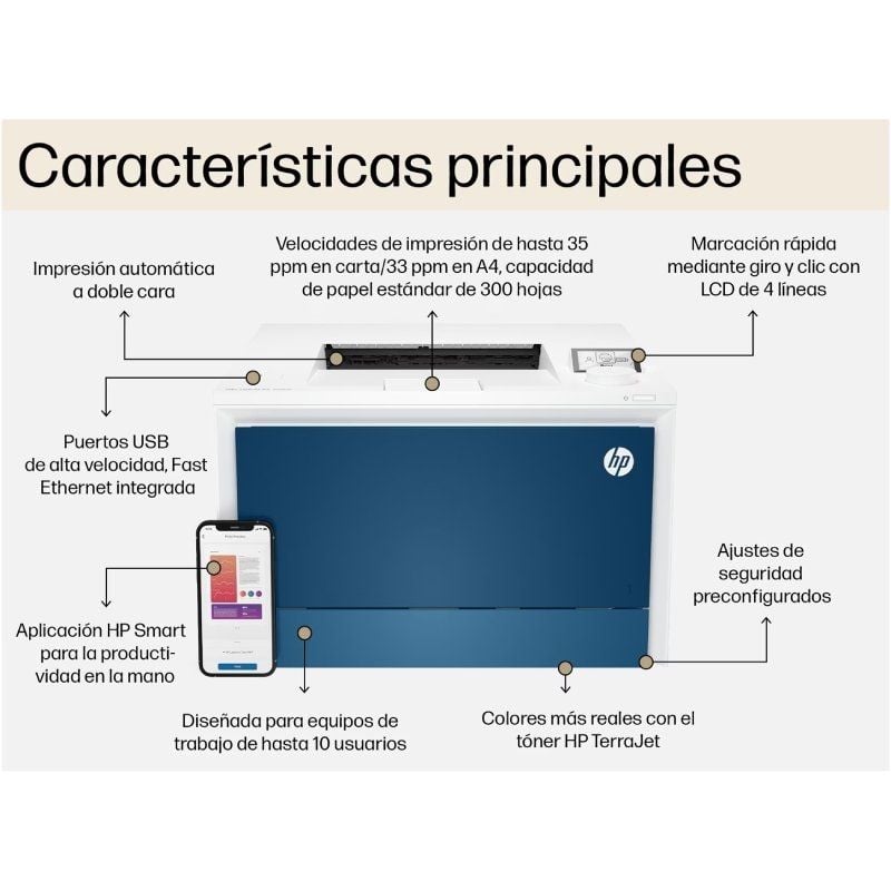 Impresora Láser Color HP LaserJet Pro 4202dn Dúplex
Blanca y Azul