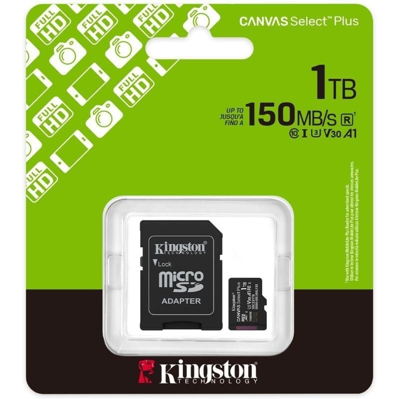 Tarjeta de Memoria Kingston CANVAS Select Plus 1TB microSD XC con Adaptador
Clase 10
150MBs