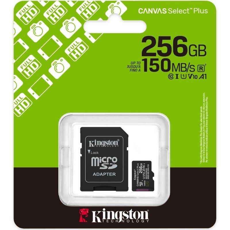 Tarjeta de Memoria Kingston CANVAS Select Plus 256GB microSD XC con Adaptador
Clase 10
150MBs