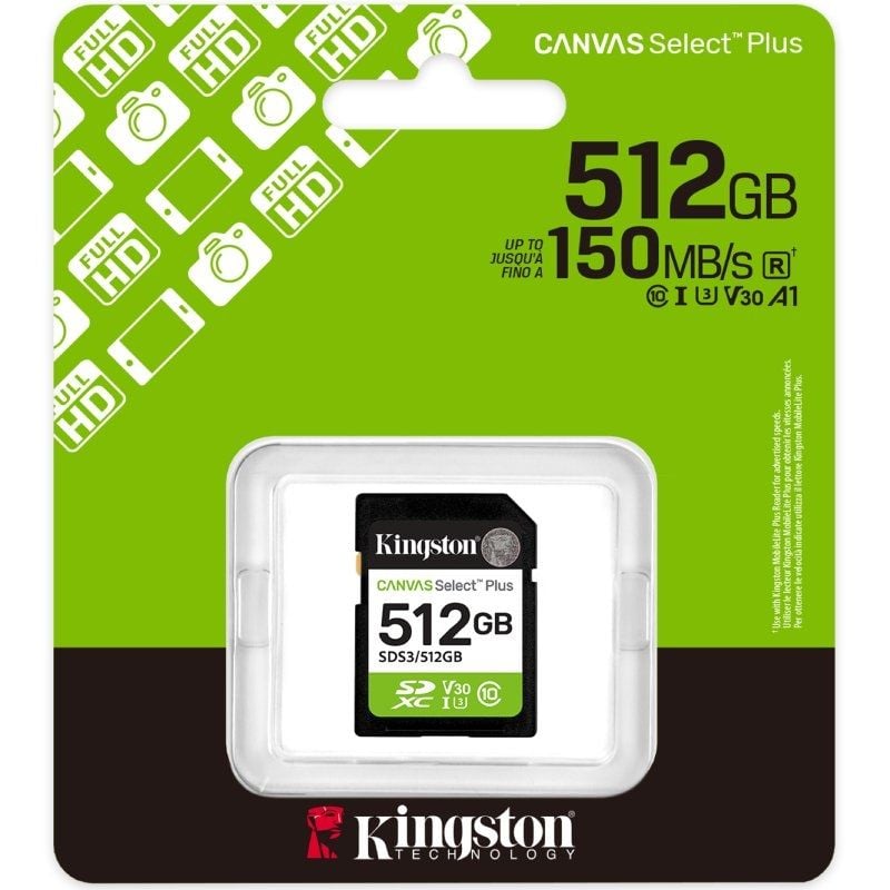 Tarjeta de Memoria Kingston CANVAS Select Plus 512GB SD XC
Clase 10
150MBs