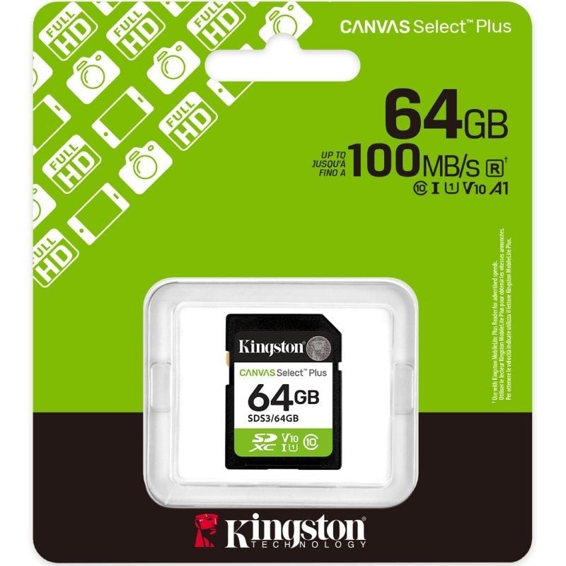 Tarjeta de Memoria Kingston CANVAS Select Plus 64GB SD XC
Clase 10
100MBs