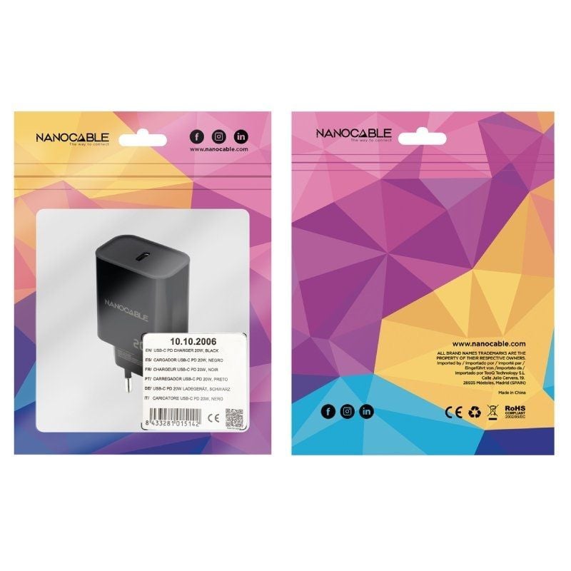 Nanocable Cargador pared USB-C PD 20W Negro