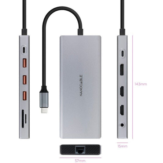 Nanocable Hub 12en1 USB-A/C+HDMI+DP+RJ45+TF+SD+AU