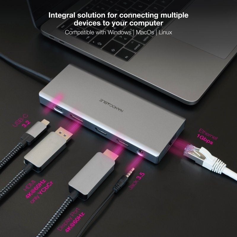 Nanocable Hub 12en1 USB-A/C+HDMI+DP+RJ45+TF+SD+AU