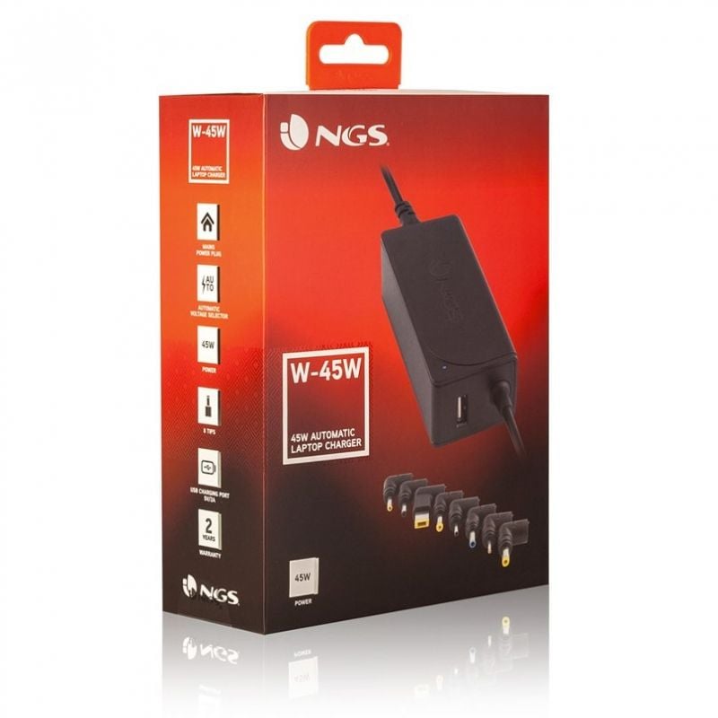 Cargador de Portátil NGS W-45W
45W
Automático
8 Conectores
Voltaje 19-20V
1 USB