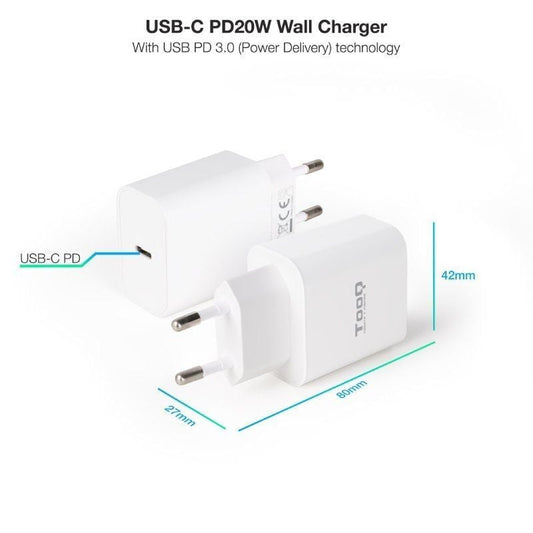 Tooq Cargador pared USB-C PD3.0 20W Blanco