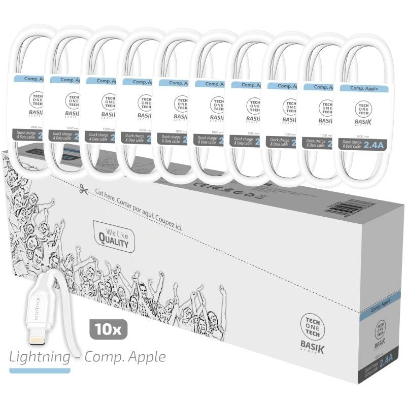 Pack 10 Cables Lightning Tech One Tech Basik TEC2952
USB Macho - Lightning Macho
1m
Blanco