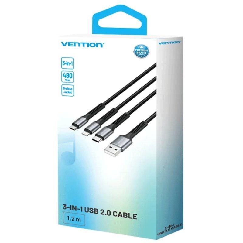 Cable USB 2.0 Lightning Vention H18BAV
USB Tipo-C Macho
Lightning Macho - MicroUSB Macho - USB Macho
1.2m
Negro
