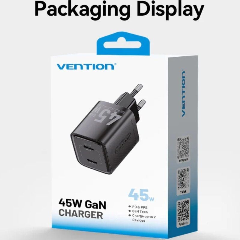 Cargador de Pared GaN Vention FEFB0-EU
2xUSB Tipo-C
45W