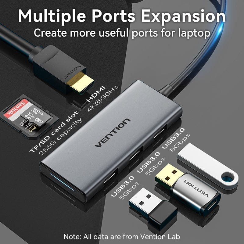 Docking USB Tipo-C Vention TOOHB
1xHDMI 4K
3xUSB
1xLector Tarjetas
Gris