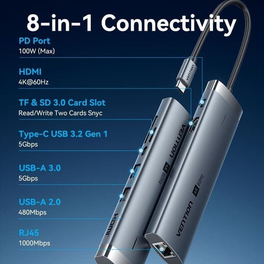 Docking USB Tipo-C Vention TGUHB
RJ45
2xUSB
1xUSB Tipo-C
1xHDMI
1xUSB Tipo-C PD
1xLector de Tarjetas
Gris