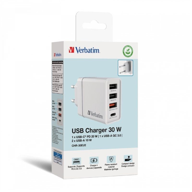 Cargador de Pared GaN Verbatim CHR-30EU2
1xUSB Tipo-C
3xUSB
30W