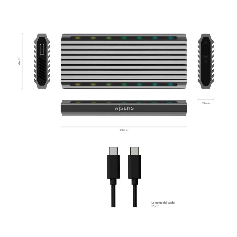 Caja Externa para Disco SSD M.2 SATA/NVMe Aisens ASM2-RGB011GR
USB 3.2 Gen2
Sin Tornillos
