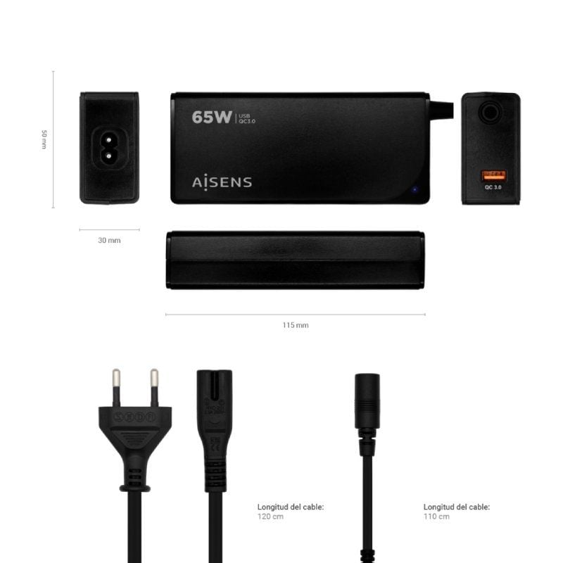 Cargador de Portátil Aisens ASLC-65WAUTO-BK
65W
Automático
9 Conectores
Voltaje 18.5-20V
1 USB QC3.0