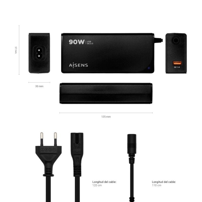 Cargador de Portátil Aisens ASLC-90WAUTO-BK
90W
Automático
12 Conectores
Voltaje 15-20V
1 USB QC3.0