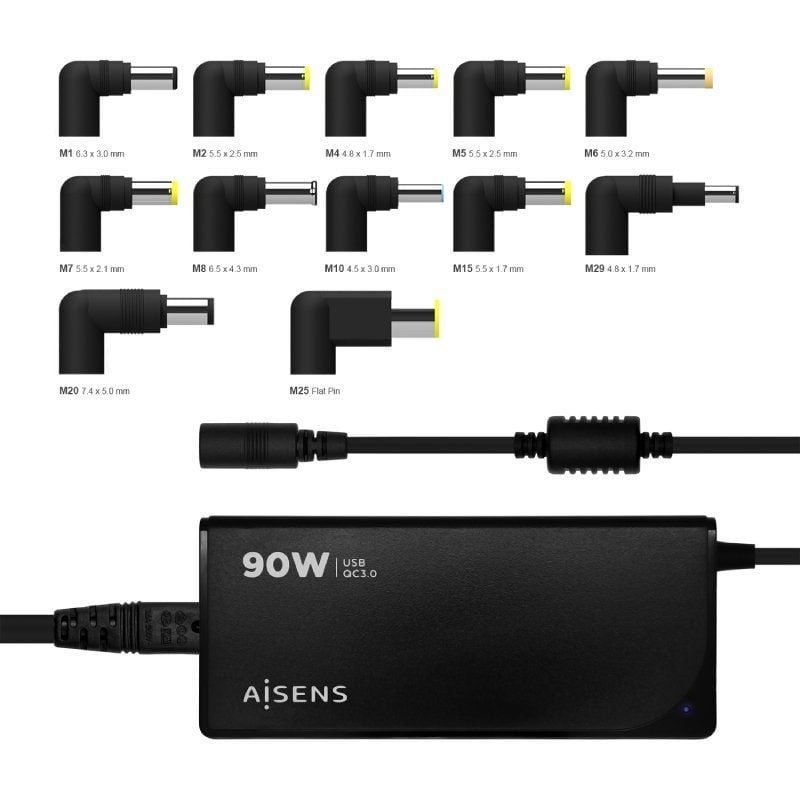 Cargador de Portátil Aisens ASLC-90WAUTO-BK
90W
Automático
12 Conectores
Voltaje 15-20V
1 USB QC3.0