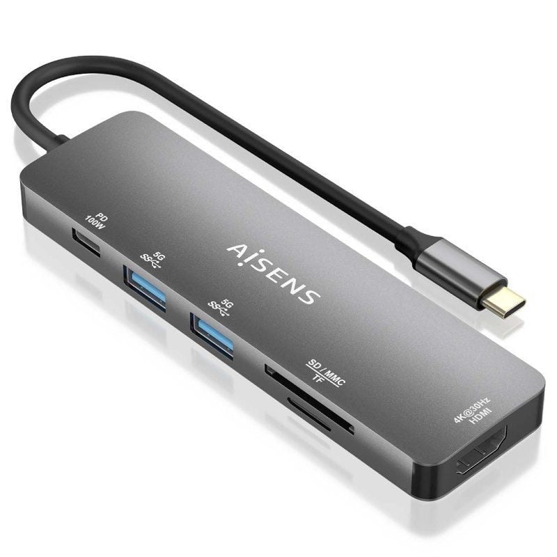 Docking USB Tipo-C Aisens ASUC-6P016-GR
1xHDMI 4K
2xUSB
1xLector Tarjetas
1xUSB Tipo-C PD
Gris