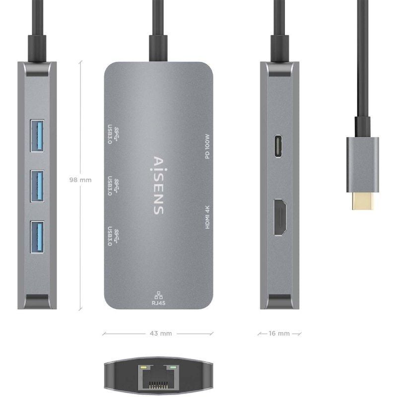 Docking USB Tipo-C Aisens ASUC-6P019-GR
1xHDMI 4K
3xUSB
1xRJ45
1xUSB Tipo-C PD
Gris