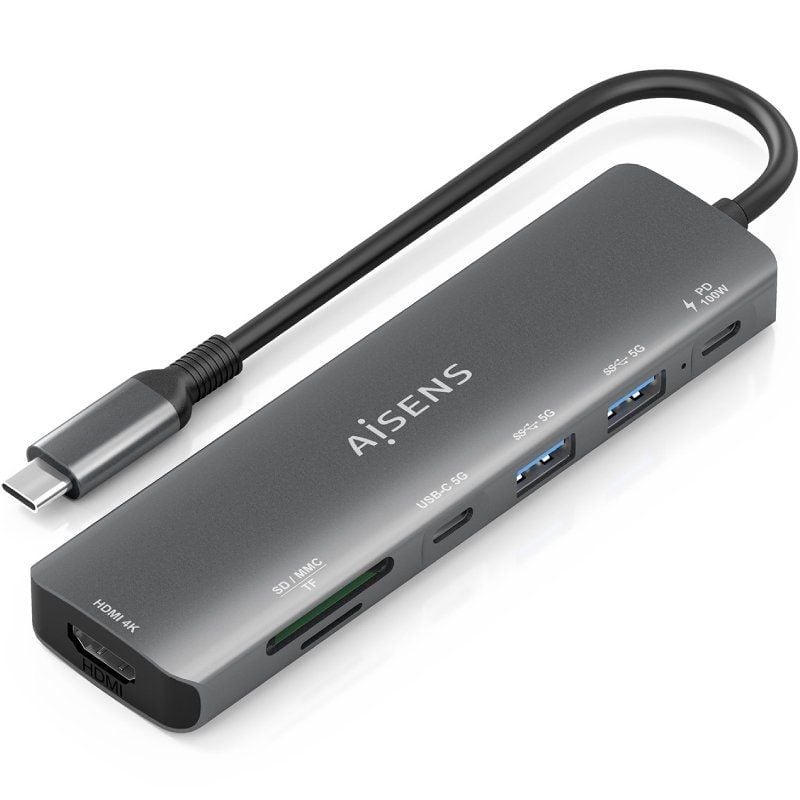 Docking USB Tipo-C Aisens ASUC-7P026-GR
1xHDMI 4K
2xUSB
1xUSB Tipo-C 
1xUSB Tipo-C PD
1xLector Tarjetas
Gris