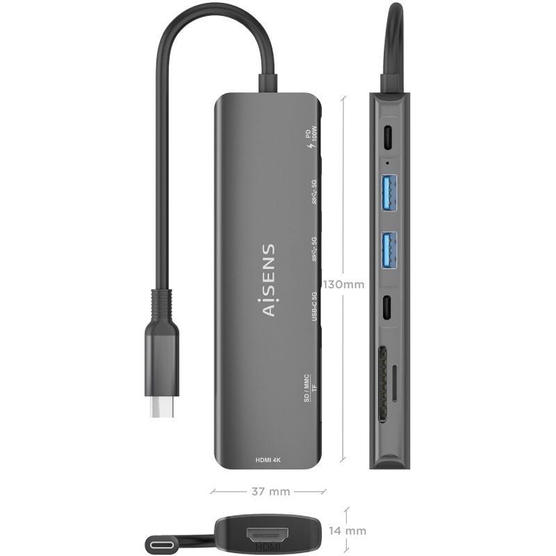 Docking USB Tipo-C Aisens ASUC-7P026-GR
1xHDMI 4K
2xUSB
1xUSB Tipo-C 
1xUSB Tipo-C PD
1xLector Tarjetas
Gris