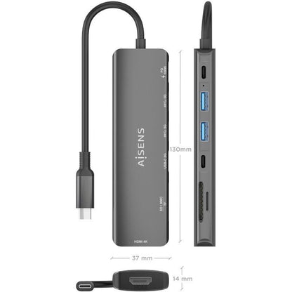 Docking USB Tipo-C Aisens ASUC-7P026-GR
1xHDMI 4K
2xUSB
1xUSB Tipo-C 
1xUSB Tipo-C PD
1xLector Tarjetas
Gris