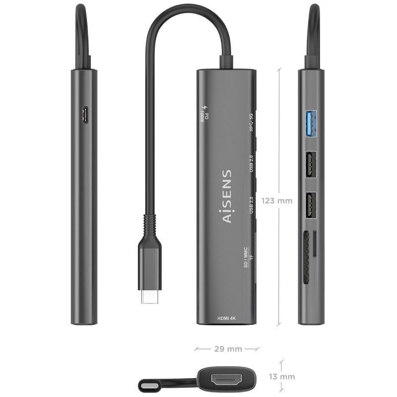 Docking USB Tipo-C Aisens ASUC-7P025-GR
1xHDMI 4K
3xUSB
1xUSB Tipo-C PD
1xLector Tarjetas
Gris