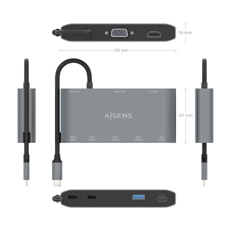 Docking USB Tipo-C Aisens ASUC-8P010-GR
1xHDMI 4K
1xVGA
2xUSB
1xRJ45
2xUSB Tipo-C
1xUSB Tipo-C PD
Gris