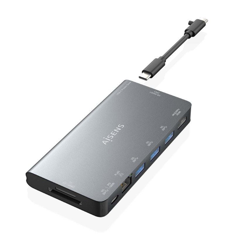 Docking USB Tipo-C Aisens ASUC-8P015-GR
1xHDMI 4K
3xUSB
1xRJ45
1xLector Tarjetas 
1xUSB Tipo-C
Gris