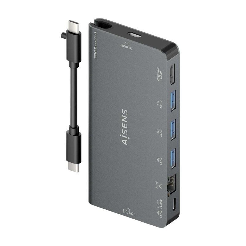 Docking USB Tipo-C Aisens ASUC-8P015-GR
1xHDMI 4K
3xUSB
1xRJ45
1xLector Tarjetas 
1xUSB Tipo-C
Gris