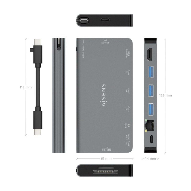 Docking USB Tipo-C Aisens ASUC-8P015-GR
1xHDMI 4K
3xUSB
1xRJ45
1xLector Tarjetas 
1xUSB Tipo-C
Gris