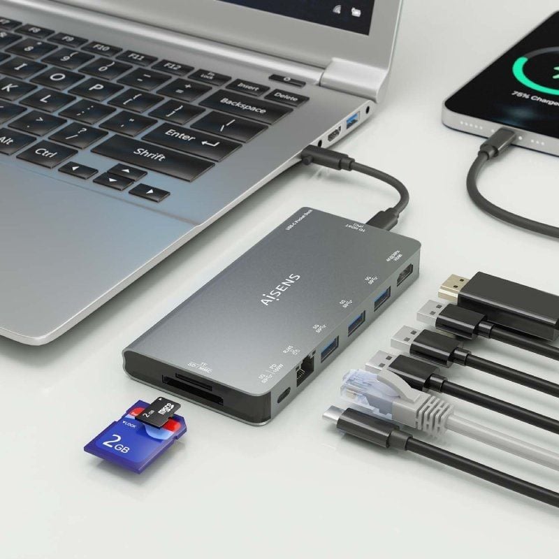Docking USB Tipo-C Aisens ASUC-8P015-GR
1xHDMI 4K
3xUSB
1xRJ45
1xLector Tarjetas 
1xUSB Tipo-C
Gris