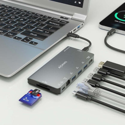 Docking USB Tipo-C Aisens ASUC-8P015-GR
1xHDMI 4K
3xUSB
1xRJ45
1xLector Tarjetas 
1xUSB Tipo-C
Gris