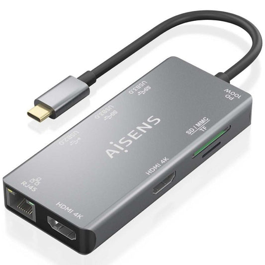 Docking USB Tipo-C Aisens ASUC-9P018-GR
2xHDMI 4K
3xUSB
1xRJ45
1xLector Tarjetas
1xUSB Tipo-C PD
Gris