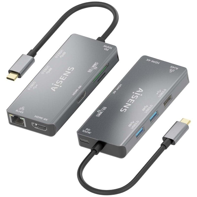Docking USB Tipo-C Aisens ASUC-9P018-GR
2xHDMI 4K
3xUSB
1xRJ45
1xLector Tarjetas
1xUSB Tipo-C PD
Gris