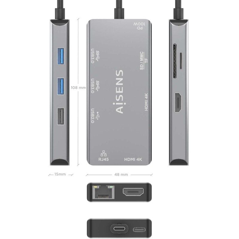 Docking USB Tipo-C Aisens ASUC-9P018-GR
2xHDMI 4K
3xUSB
1xRJ45
1xLector Tarjetas
1xUSB Tipo-C PD
Gris