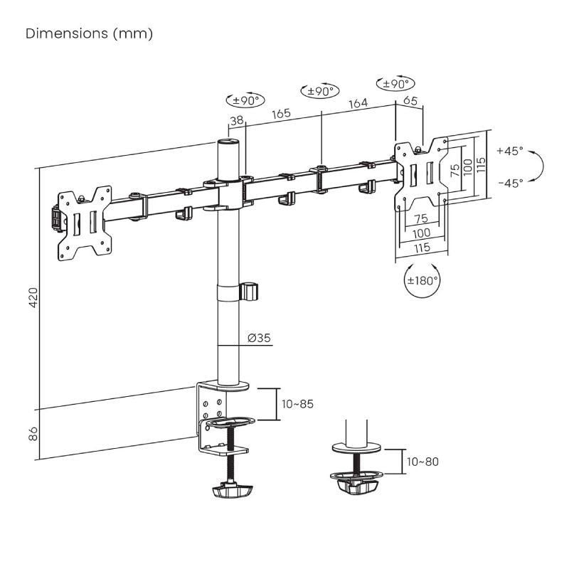 Soporte de Mesa para 2 Monitores Aisens DT32TSR-279
Giratorio
Inclinable
hasta 10kg