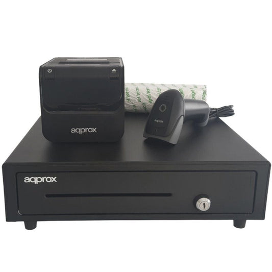 Pack para TPV Approx appPOSPACK4180-2D
Cajón Portamonedas + Impresora Térmica de Tickets + Lector de Códigos + Rollos Térmicos