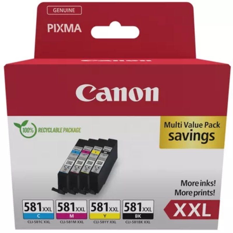 Cartucho de Tinta Original Canon CLI-581XXL Multipack Alta Capacidad
Cian
Magenta
Amarillo
Negro