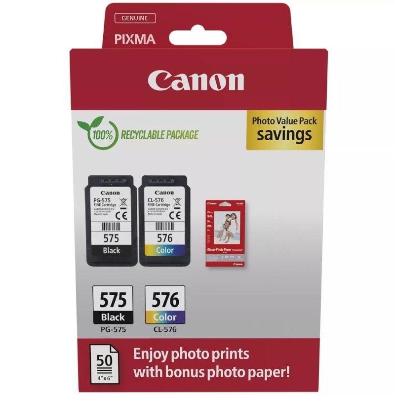 Cartucho de Tinta Original Canon PG-575 + CL-576 Multipack
Negro
Tricolor + Papel Fotográfico