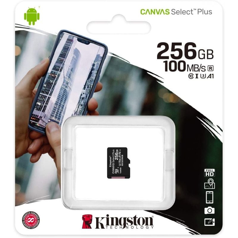 Tarjeta de Memoria Kingston CANVAS Select Plus 256GB microSD XC
Clase 10
100MBs