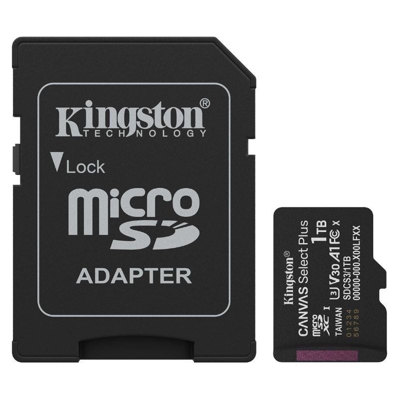 Tarjeta de Memoria Kingston CANVAS Select Plus 1TB microSD XC con Adaptador
Clase 10
150MBs