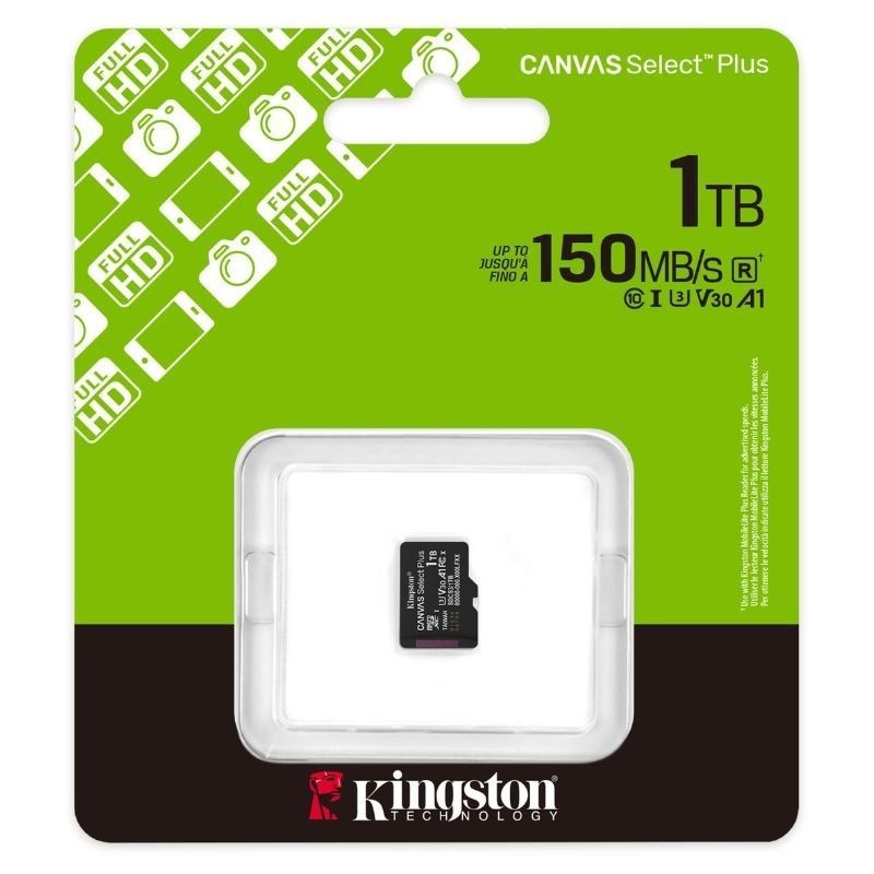 Tarjeta de Memoria Kingston CANVAS Select Plus 1TB microSD XC
Clase 10
150MBs