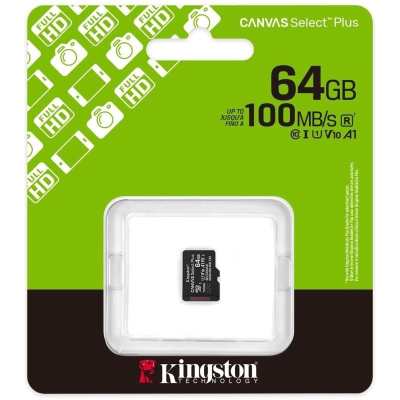 Tarjeta de Memoria Kingston CANVAS Select Plus 64GB microSD XC
Clase 10
100MBs