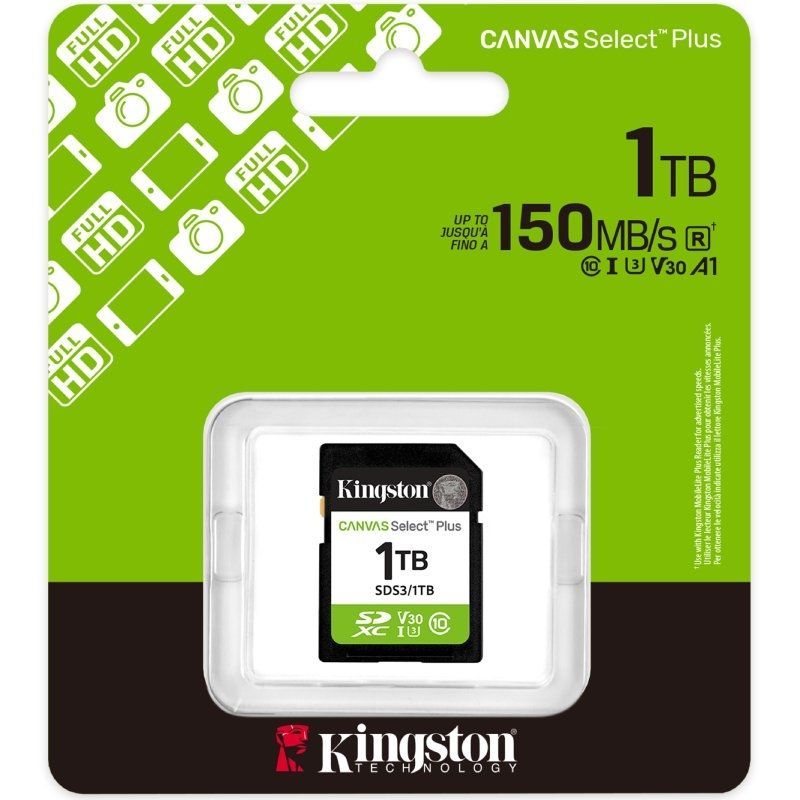 Tarjeta de Memoria Kingston CANVAS Select Plus 1TB SD XC
Clase 10
150MBs