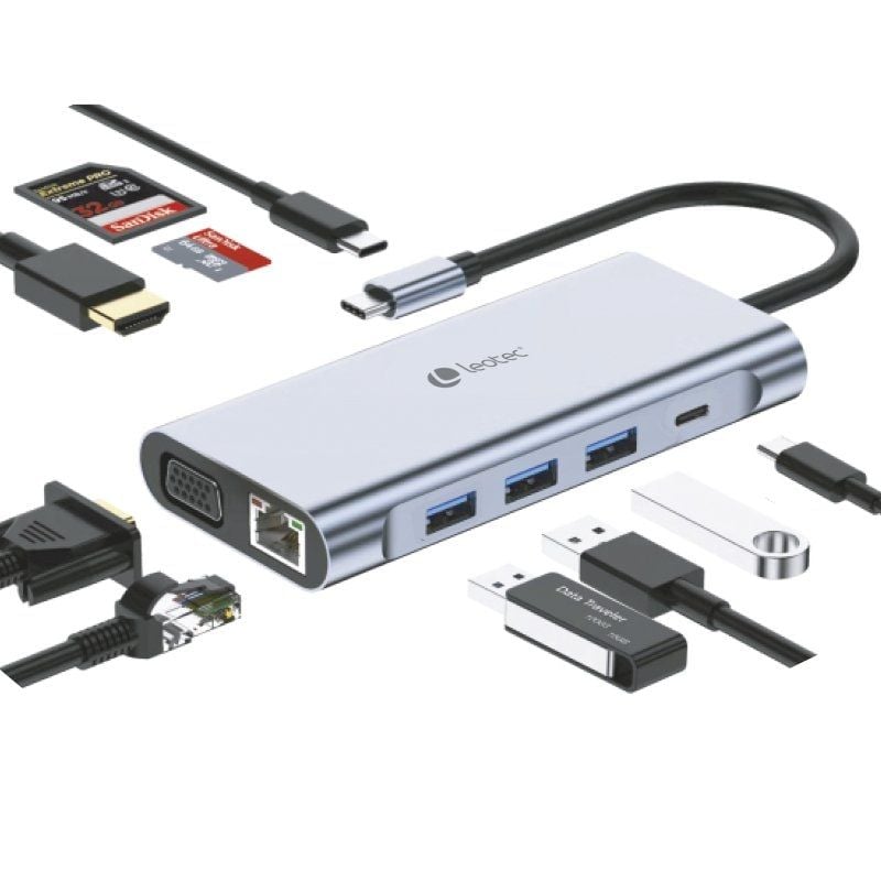 Docking USB Tipo-C Leotec LEDS01
3xUSB
2xUSB Tipo-C
1xUSB Tipo-C PD
1xHDMI 4K
1xVGA
1xRJ45
1xAudio
1xLector Tarjetas SD y MicroSD
Gris